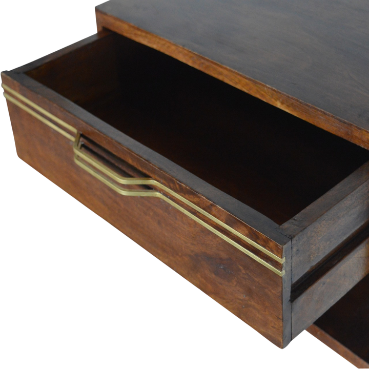 Pimlico Wall-Mounted Bedside Table in Chestnut, shown with a drawer open.