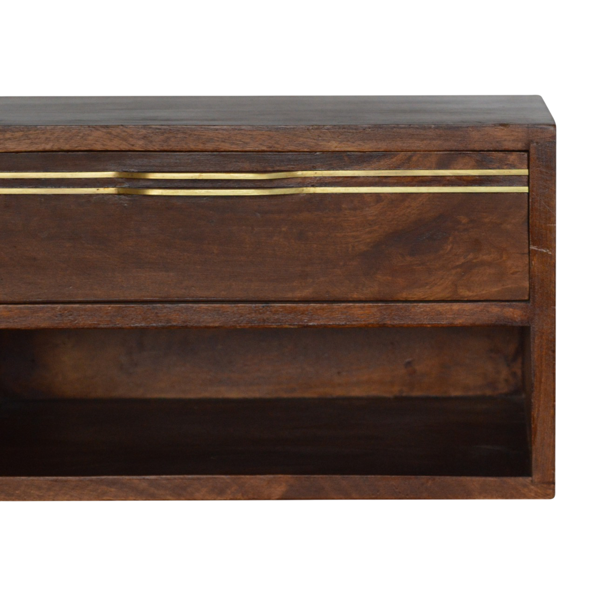 Close view of the inlay on the Pimlico Wall-Mounted Bedside Table in Chestnut.