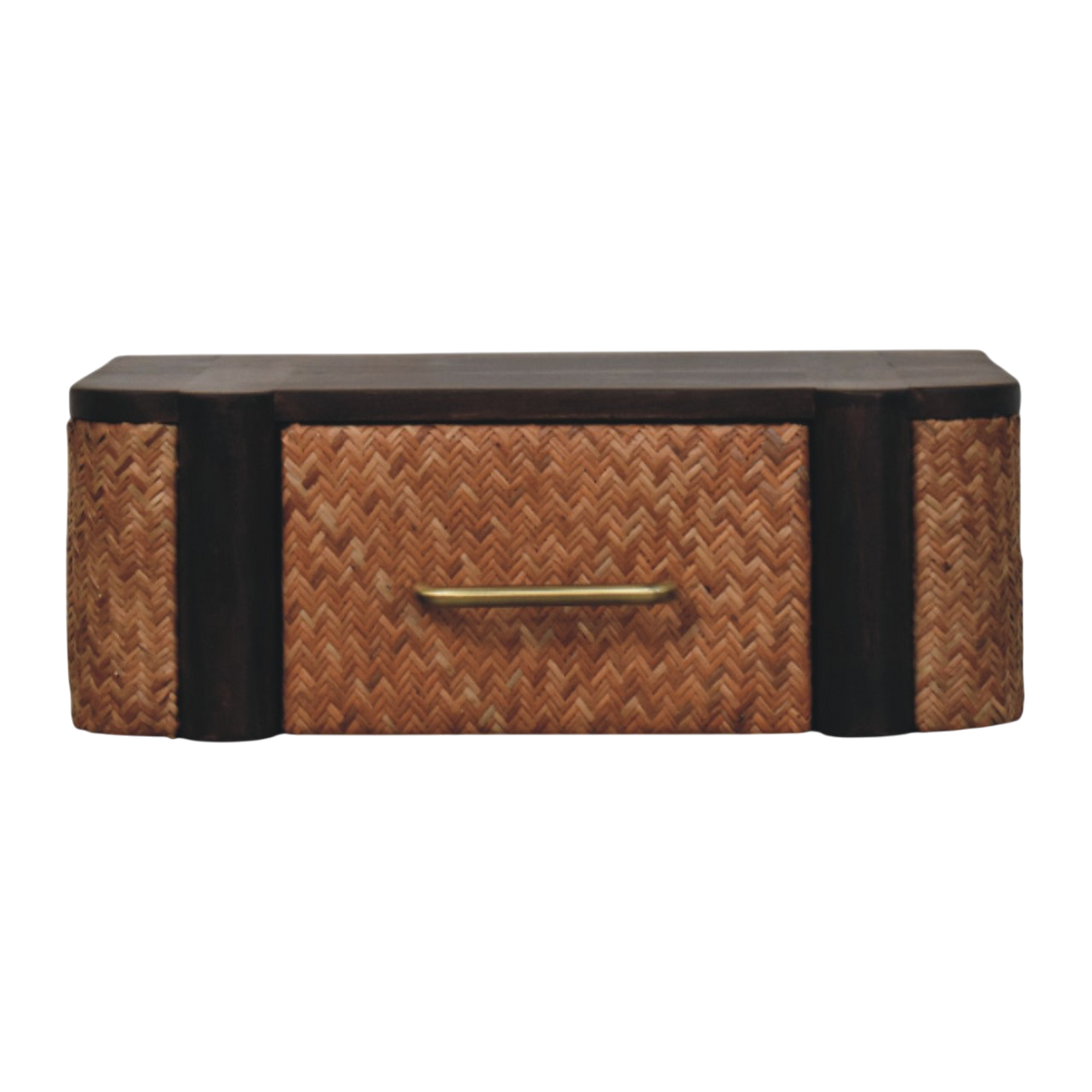 Pimlico Woven-Front Wall-Mounted Bedside Table in Espresso, front view. 100% solid hardwood in a dark espresso finish, one drawer with a carved woven-pattern front, brass handle.