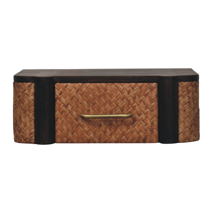 Pimlico Woven-Front Wall-Mounted Bedside Table in Espresso, front view. 100% solid hardwood in a dark espresso finish, one drawer with a carved woven-pattern front, brass handle.