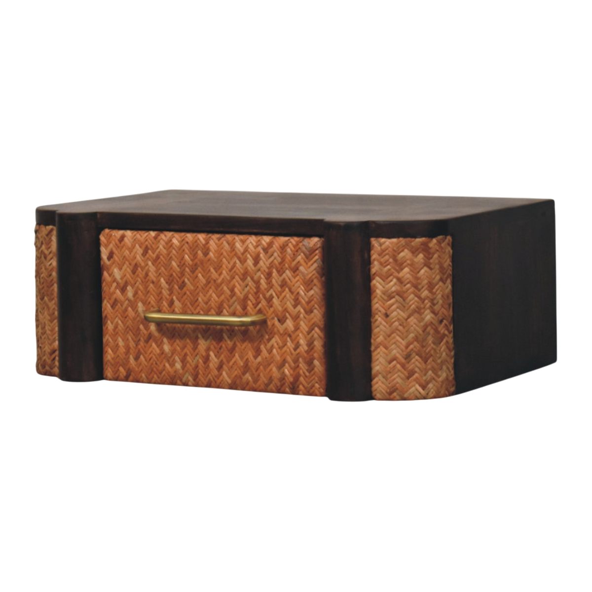 Pimlico Woven-Front Wall-Mounted Bedside Table in Espresso, three-quarter view showing the full profile.