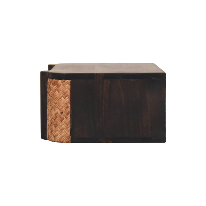 Pimlico Woven-Front Wall-Mounted Bedside Table in Espresso, side view showing the depth.