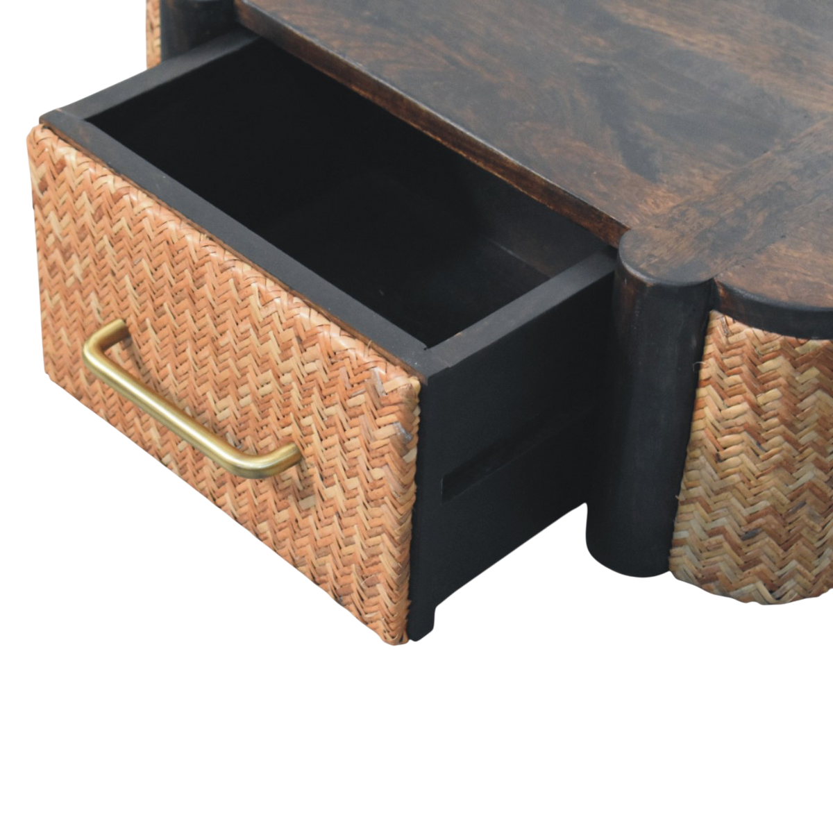 Pimlico Woven-Front Wall-Mounted Bedside Table in Espresso, shown with a drawer open.