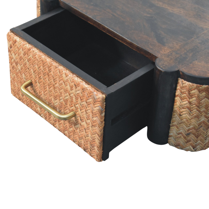 Pimlico Woven-Front Wall-Mounted Bedside Table in Espresso, shown with a drawer open.