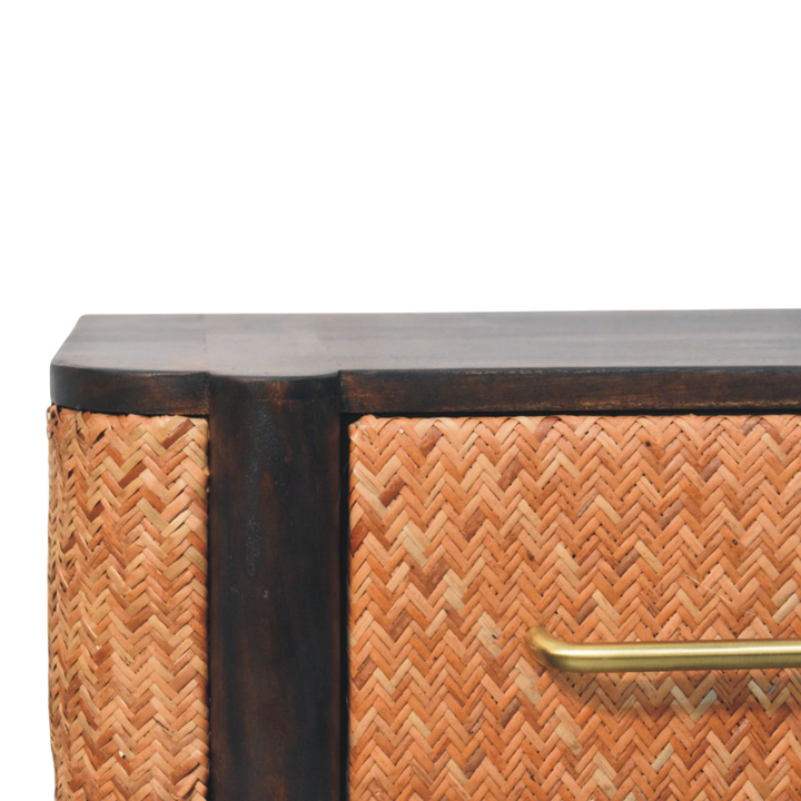 Close view of the weave on the Pimlico Woven-Front Wall-Mounted Bedside Table in Espresso.