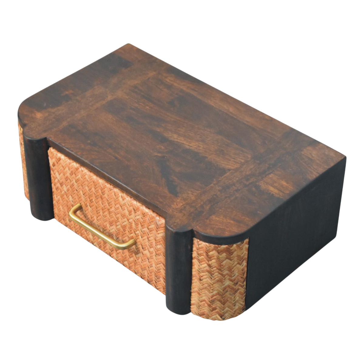 Pimlico Woven-Front Wall-Mounted Bedside Table in Espresso, shown from above at an angle.