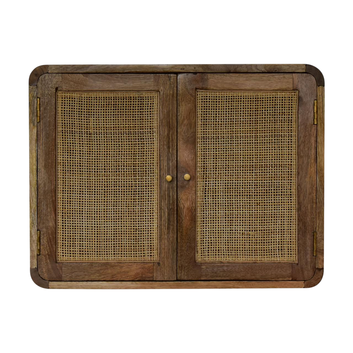 Pimlico Woven Wall Cabinet in Amber, front view. 100% solid hardwood in a warm amber finish, woven front panel, brass knobs, wall bracket fitted.