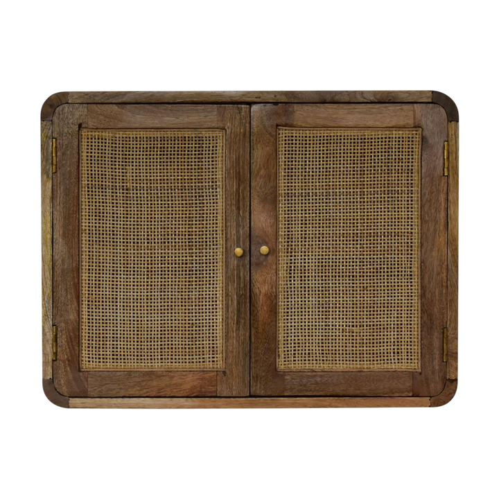 Pimlico Woven Wall Cabinet in Amber, front view. 100% solid hardwood in a warm amber finish, woven front panel, brass knobs, wall bracket fitted.