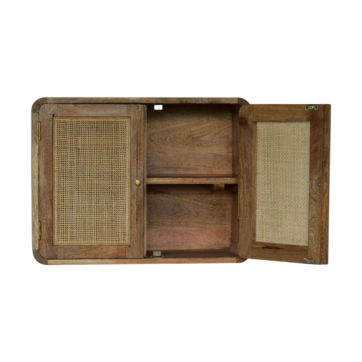 Pimlico Woven Wall Cabinet in Amber, shown with the doors open.