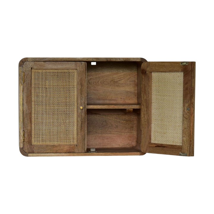 Pimlico Woven Wall Cabinet in Amber, shown with the doors open.