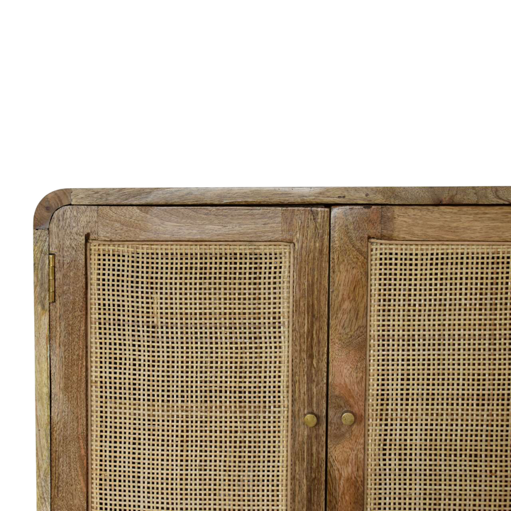 Close view of the woven panels on the Pimlico Woven Wall Cabinet in Amber.