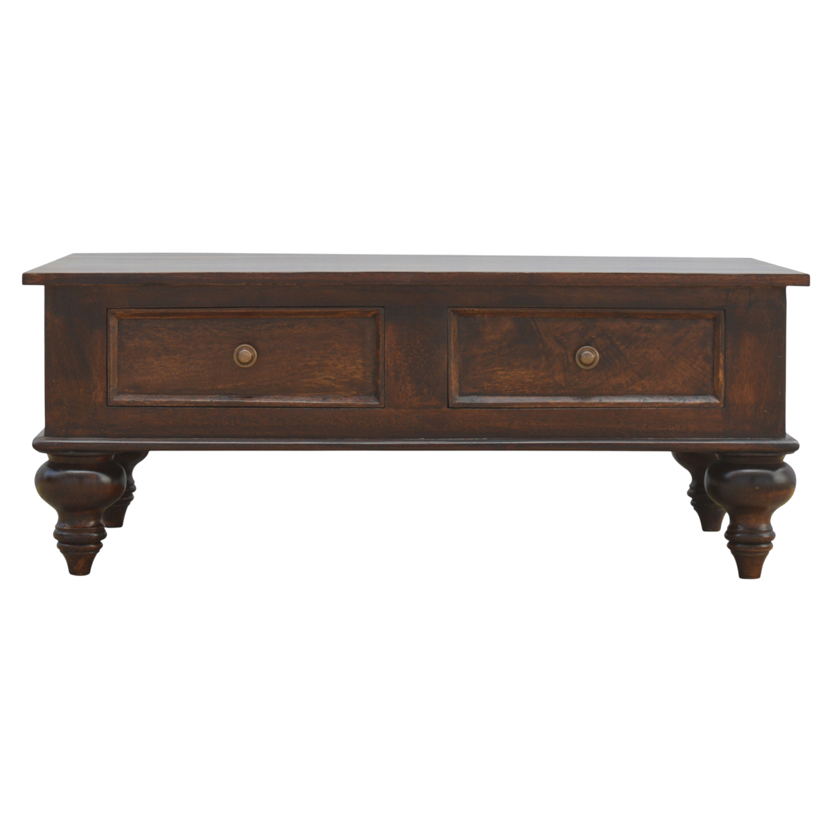 Radcliffe Library Table in Espresso, front view. Solid hardwood in espresso with four drawers and hand-turned feet.