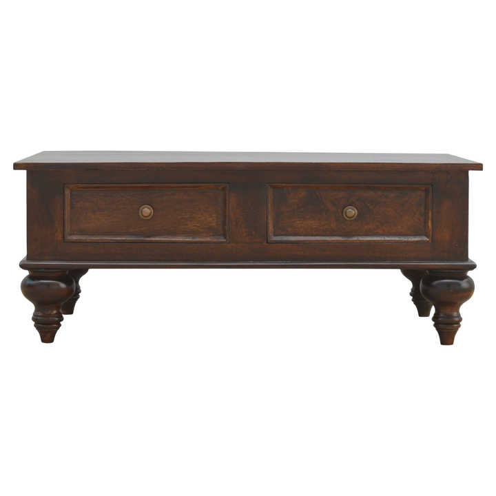 Radcliffe Library Table in Espresso, front view. Solid hardwood in espresso with four drawers and hand-turned feet.