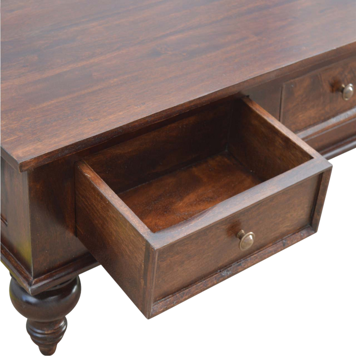 Radcliffe Library Table in Espresso, shown with a drawer open.