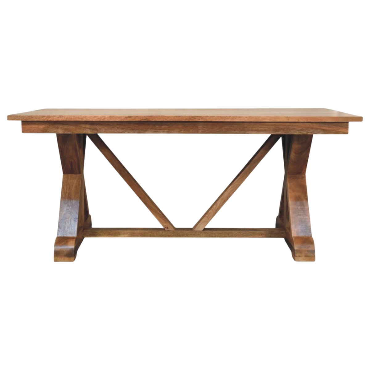 Refectory Trestle Table in Amber, front view. A broad solid wood top on a trestle base.