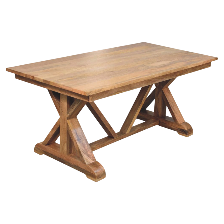 Refectory Trestle Table in Amber, raised three-quarter view showing the top surface.