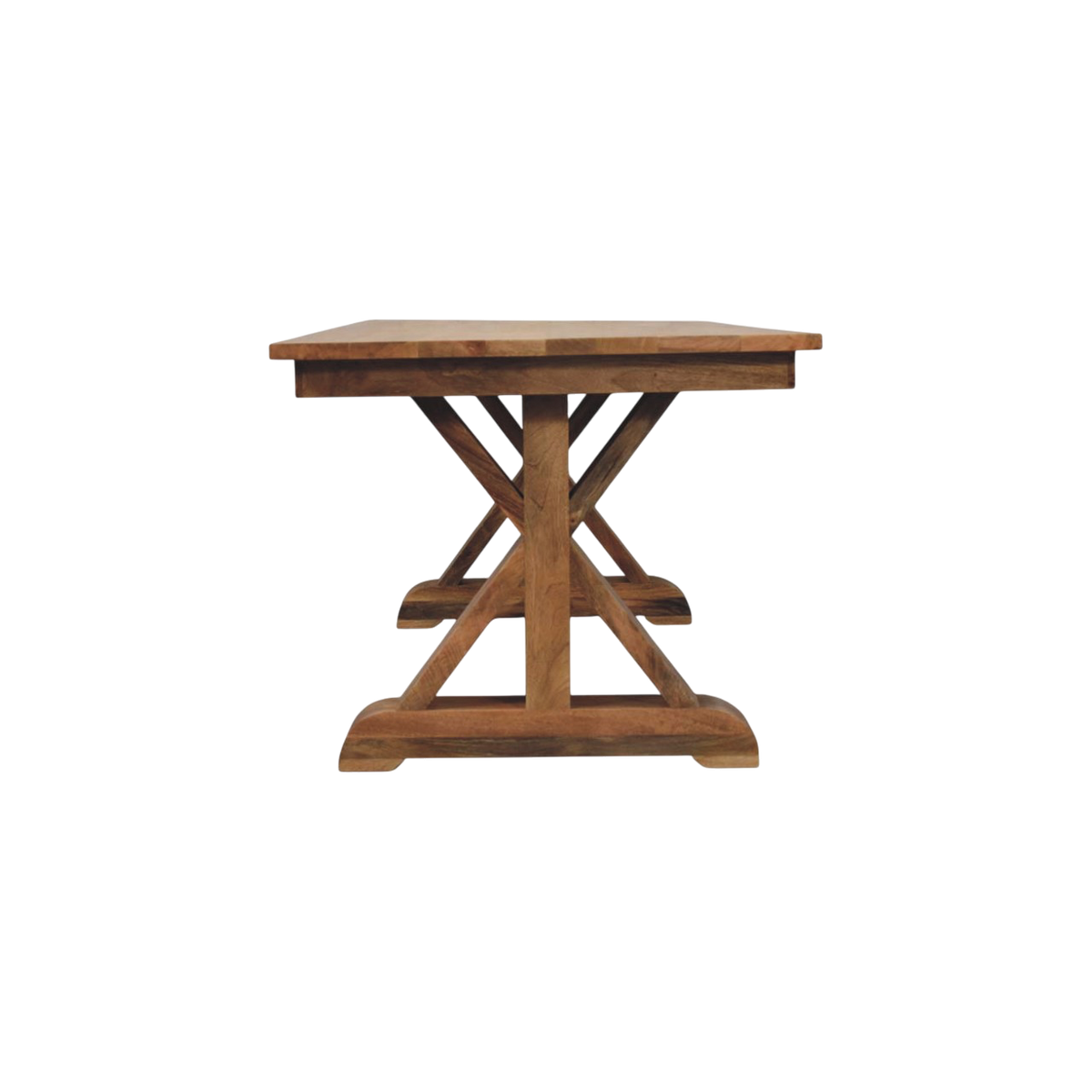 Refectory Trestle Table in Amber, viewed from the end.