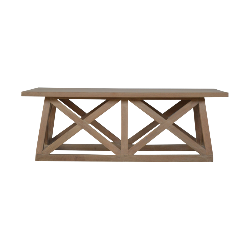 Saltire Coffee Table in Driftwood, front view. Rectangular top over a cross-braced wood base.
