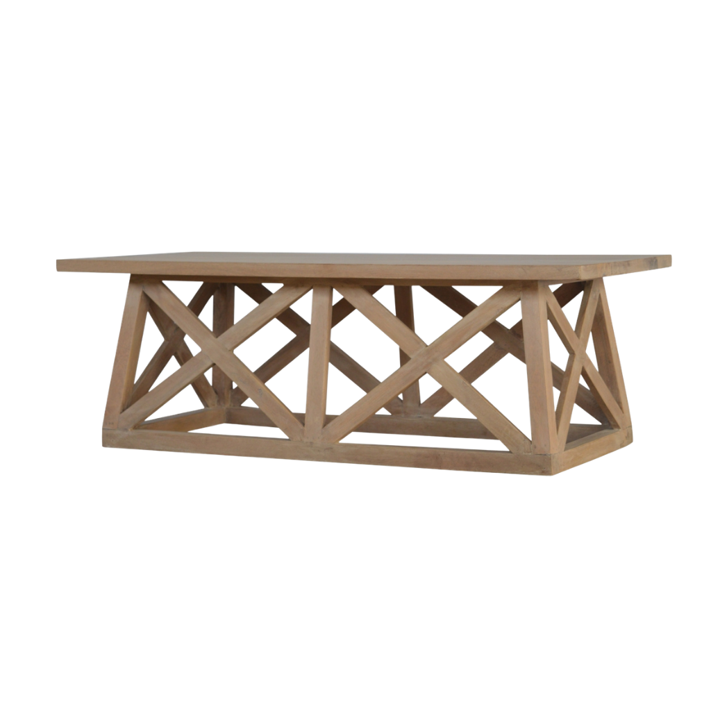 Saltire Coffee Table in Driftwood, three-quarter view showing the crossed base supports.
