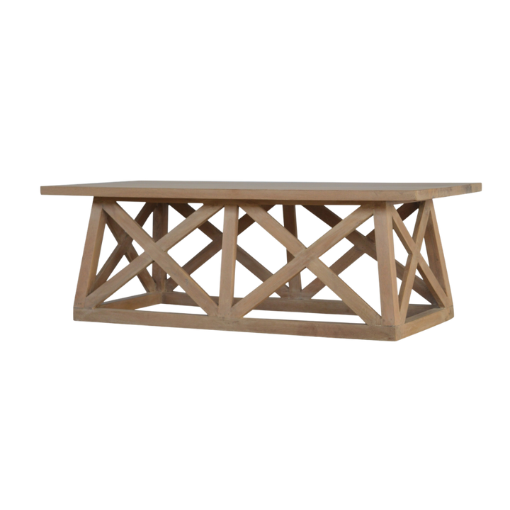 Saltire Coffee Table in Driftwood, three-quarter view showing the crossed base supports.