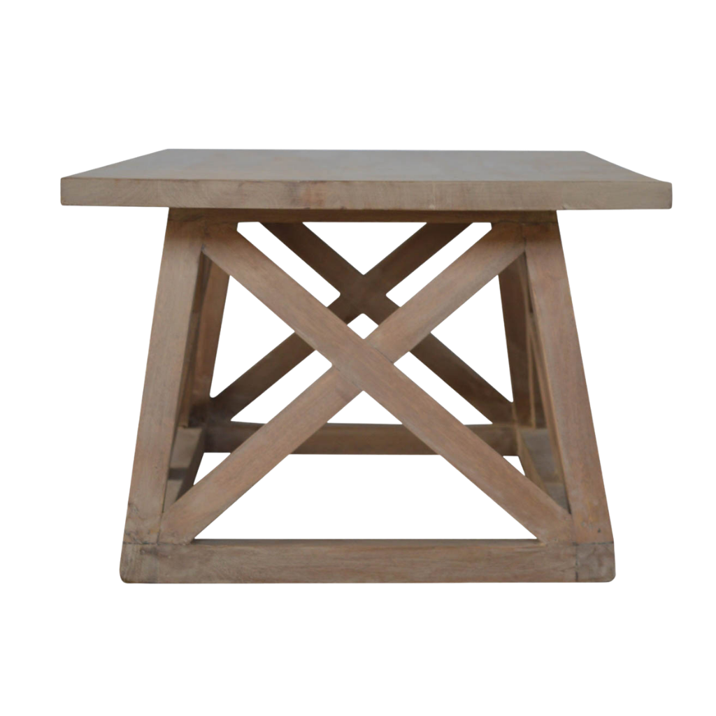 Saltire Coffee Table in Driftwood, side view showing the height and the X-frame end.