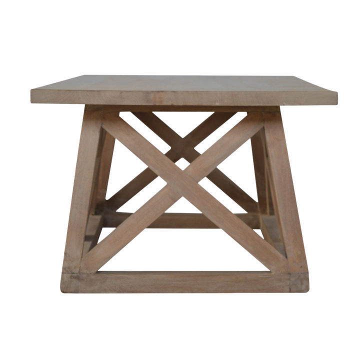 Saltire Coffee Table in Driftwood, side view showing the height and the X-frame end.