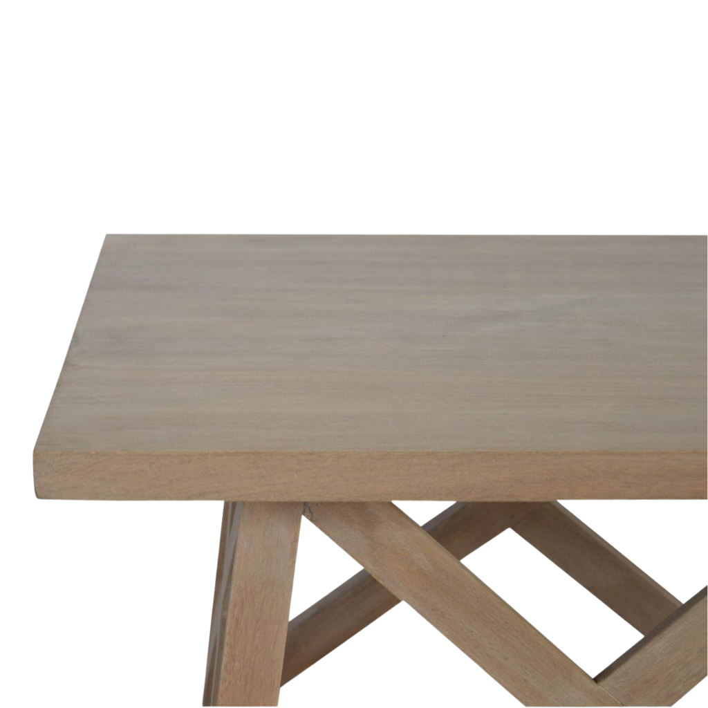 Close view of the driftwood grain and the joinery where the cross braces meet.