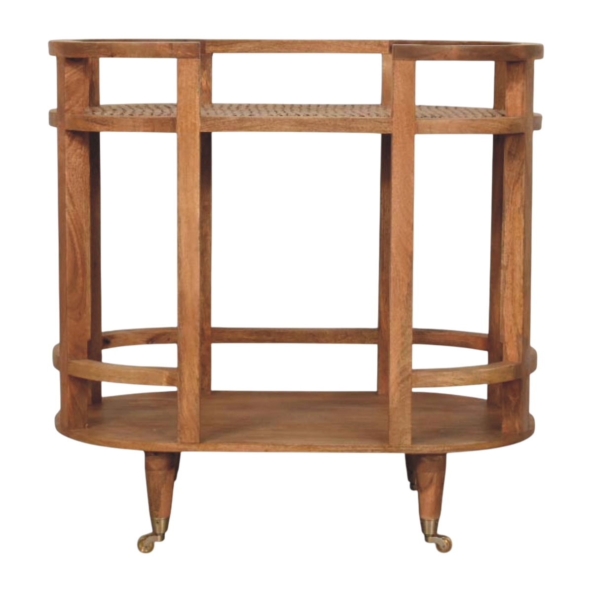 Savoy Bar Cart in Amber, front view. Amber frame with a hand-woven rattan top on castors.