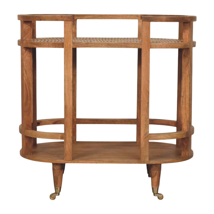Savoy Bar Cart in Amber, front view. Amber frame with a hand-woven rattan top on castors.
