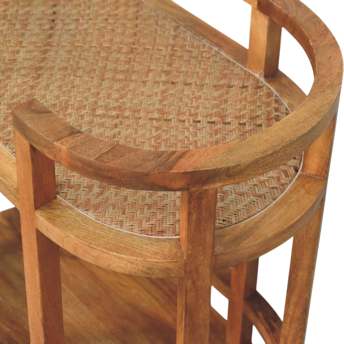 Close view of the joinery on the frame on the Savoy Bar Cart in Amber.