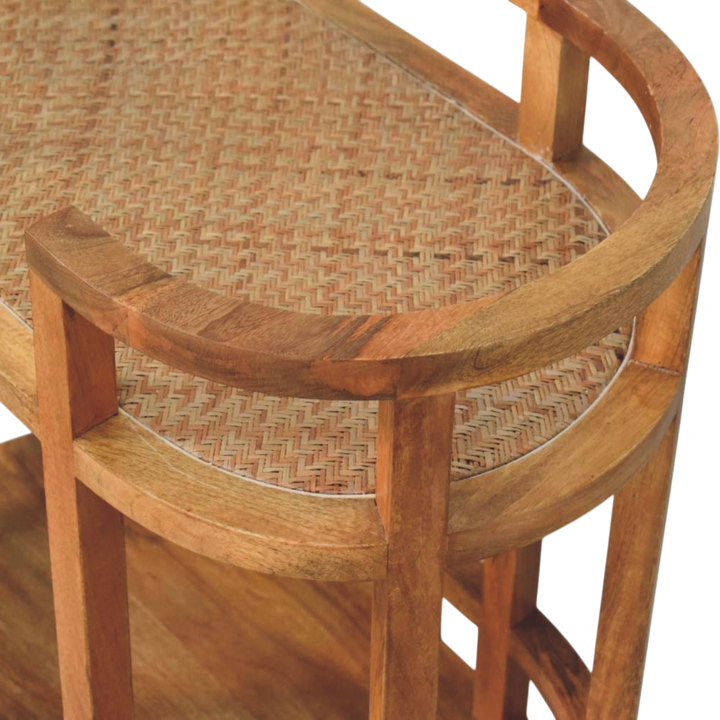 Close view of the joinery on the frame on the Savoy Bar Cart in Amber.