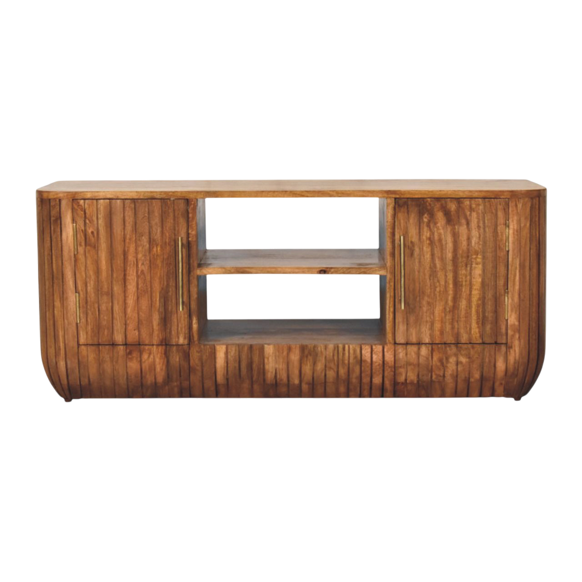 Savoy Fluted Media Unit in Russet, front view. 100% solid hardwood in a warm russet finish, two fluted doors, open central shelving, brass-toned handles.