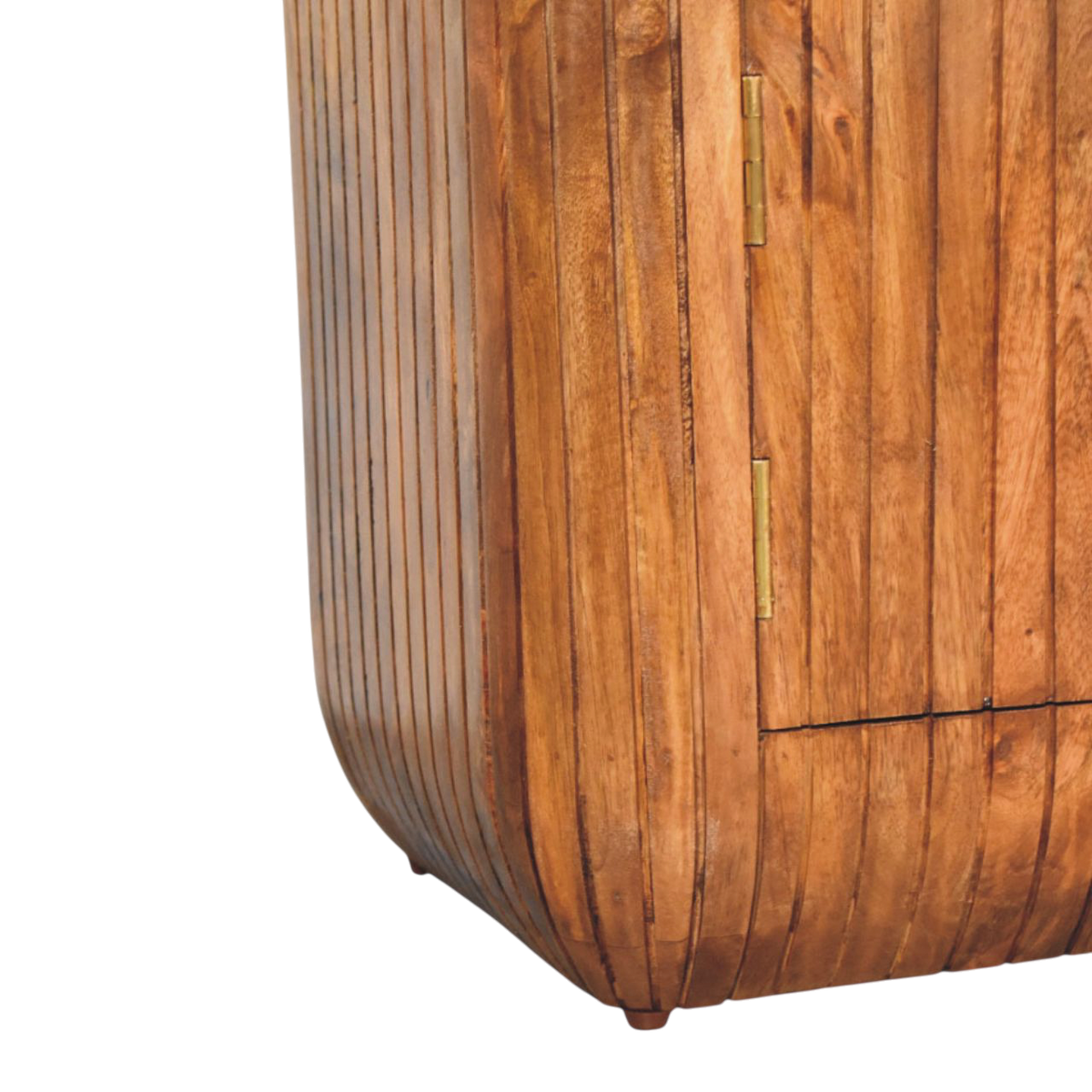 Close view of the carved detailing on the Savoy Fluted Media Unit in Russet.