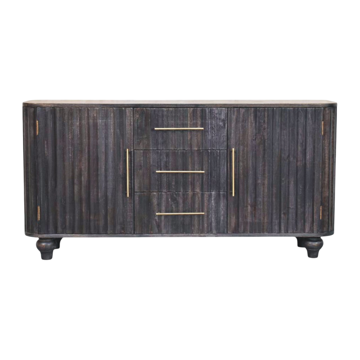 Savoy Fluted Sideboard in Charcoal, front view. 100% solid hardwood in a deep charcoal finish, fluted front, drawers and cupboards, slim brass handles.