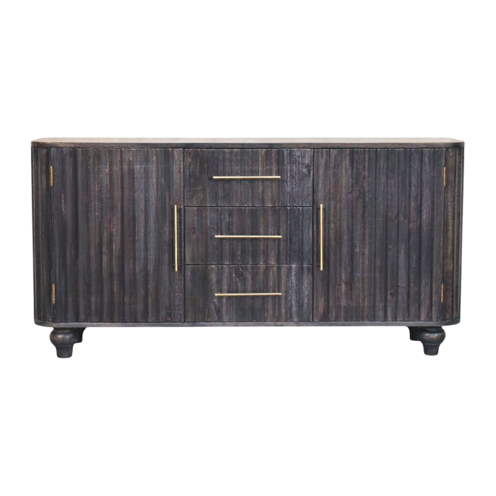 Savoy Fluted Sideboard in Charcoal, front view. 100% solid hardwood in a deep charcoal finish, fluted front, drawers and cupboards, slim brass handles.