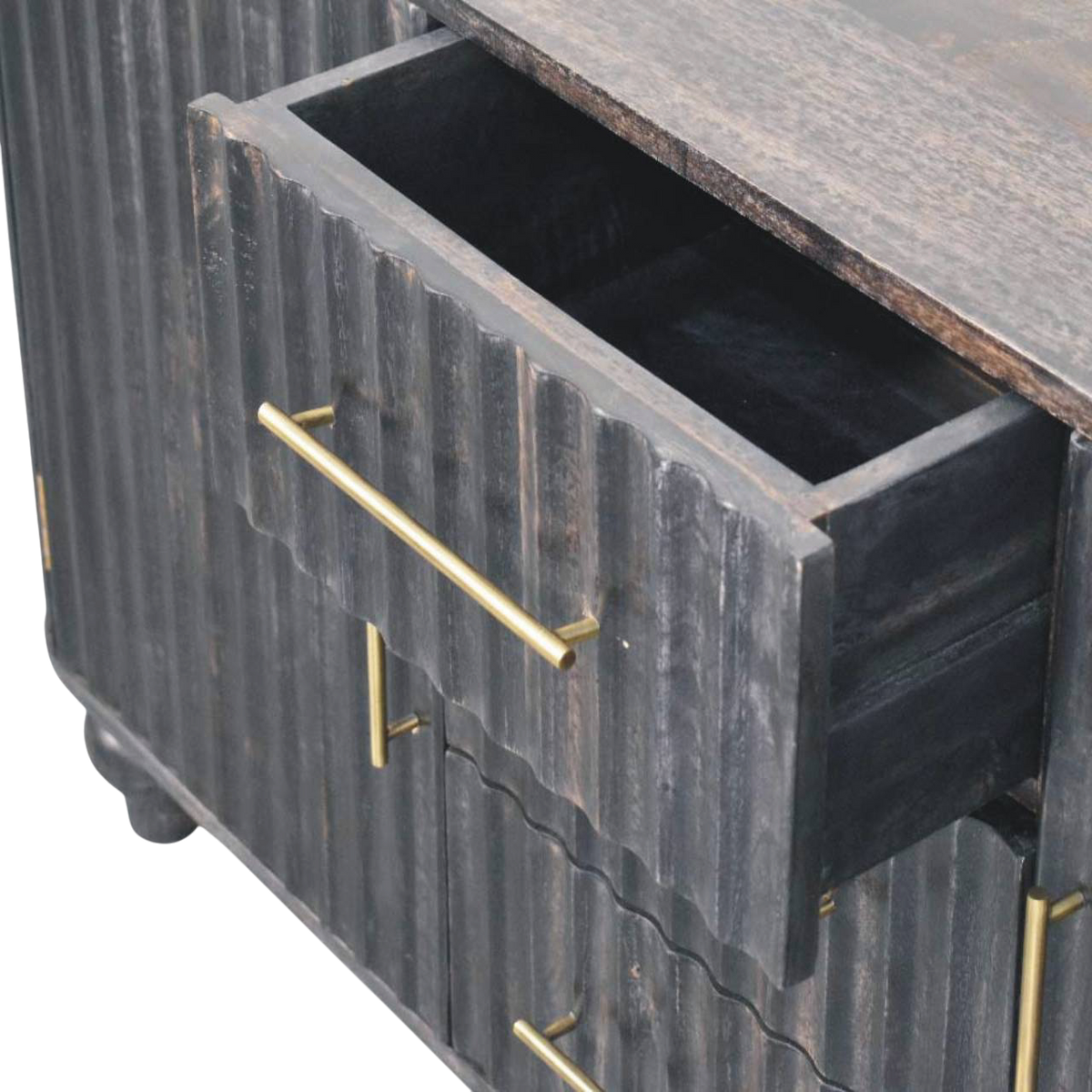 Savoy Fluted Sideboard in Charcoal, shown with a drawer open.