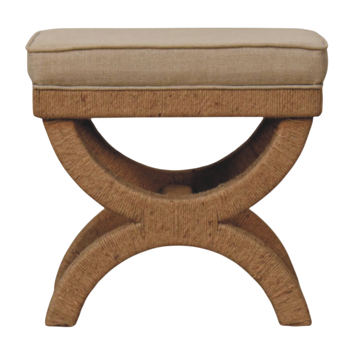 Serafina Curule Stool in Clay Linen, front view. Rattan-wrapped curved legs with a clay linen seat.
