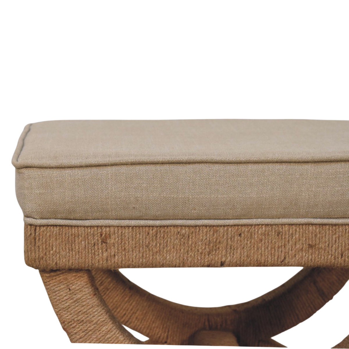 Close view of the upholstered seat on the Serafina Curule Stool in Clay Linen.