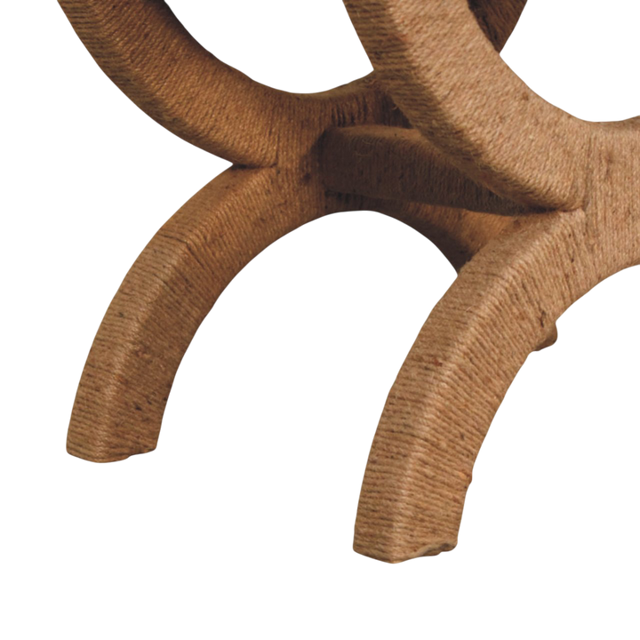 Close view of the joinery on the frame on the Serafina Curule Stool in Clay Linen.