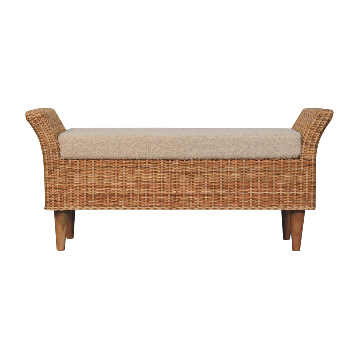 Serafina Scroll-Arm Bench in Rattan and Cream Bouclé, front view. Rattan-wrapped frame with a boucle seat.
