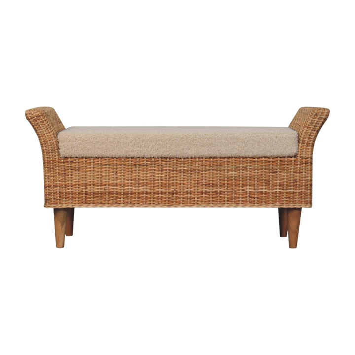 Serafina Scroll-Arm Bench in Rattan and Cream Bouclé, front view. Rattan-wrapped frame with a boucle seat.