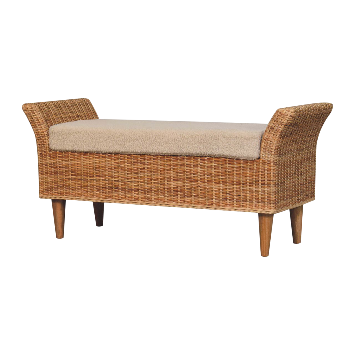 Serafina Scroll-Arm Bench in Rattan and Cream Bouclé, three-quarter view showing the full profile.