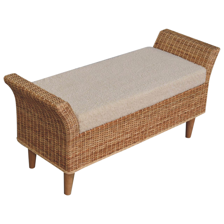 Serafina Scroll-Arm Bench in Rattan and Cream Bouclé, side view showing the depth.