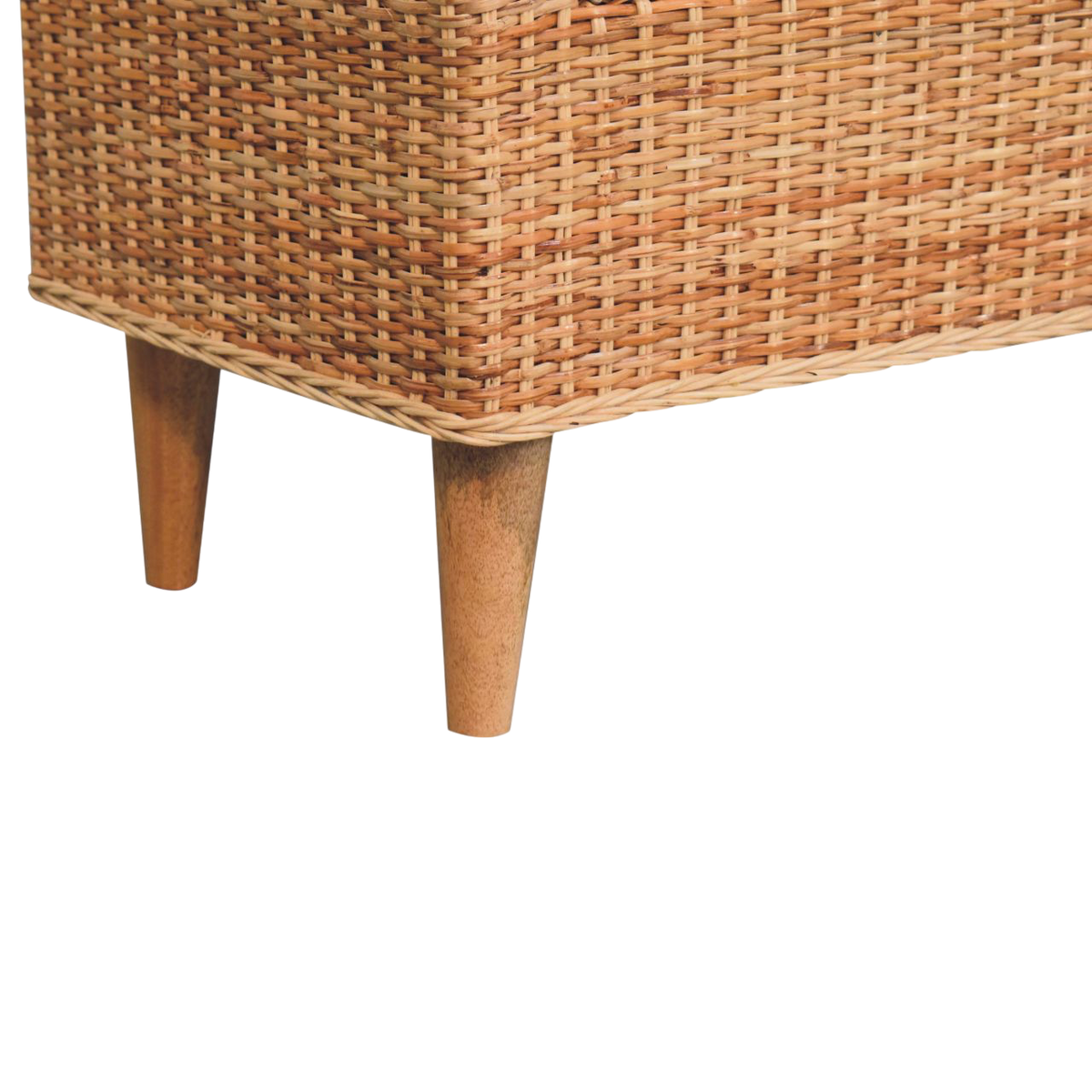 Close view of the turned legs on the Serafina Scroll-Arm Bench in Rattan and Cream Bouclé.