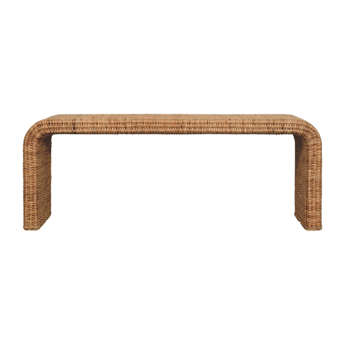 Serafina Waterfall Bench, front view. A continuous curve of woven rattan over a warm oak frame.