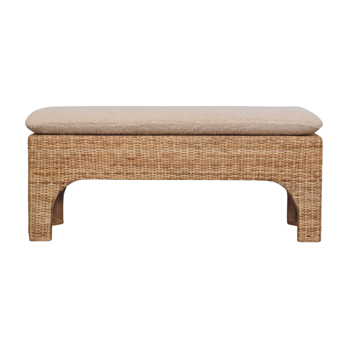 Serafina Woven Bench in Natural Rattan and Cream Bouclé, front view. Handwoven rattan frame, cushioned seat.