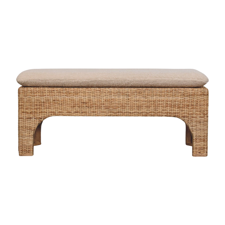 Serafina Woven Bench in Natural Rattan and Cream Bouclé, front view. Handwoven rattan frame, cushioned seat.
