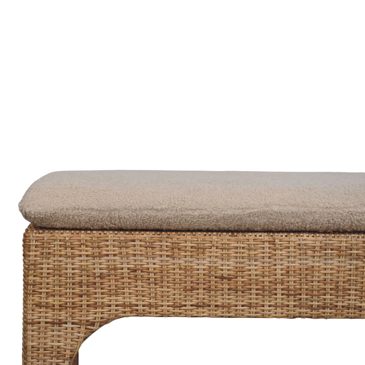 Serafina Woven Bench in Natural Rattan and Cream Bouclé, three-quarter view showing the full profile.