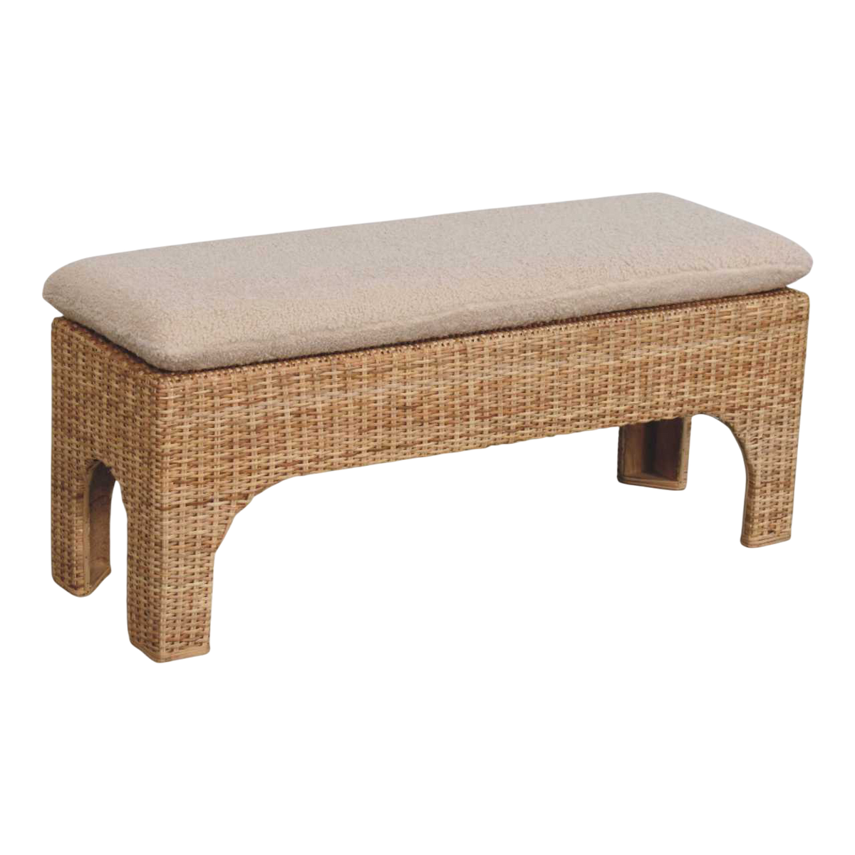 Serafina Woven Bench in Natural Rattan and Cream Bouclé, side view showing the depth.