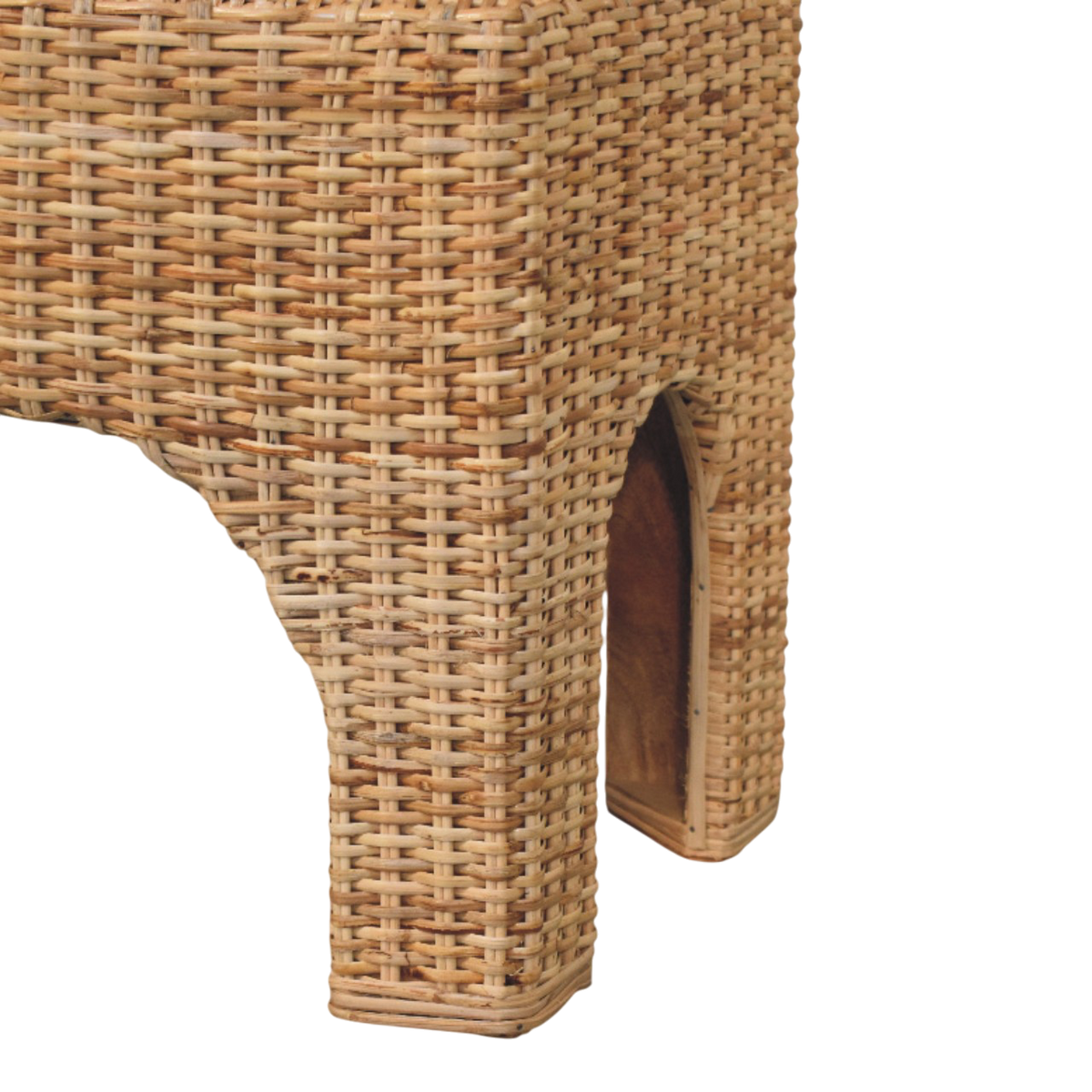 Close view of the woven texture on the Serafina Woven Bench in Natural Rattan and Cream Bouclé.